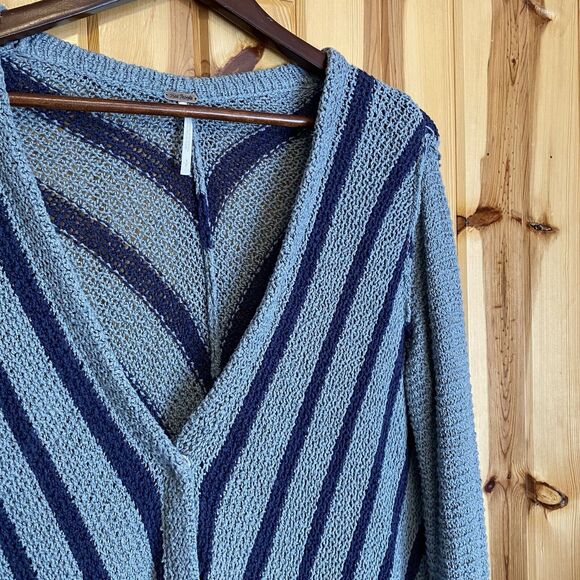 Free People Sweater Women's Size Small Gray Blue Cardigan Striped Button Front - Picture 2 of 10